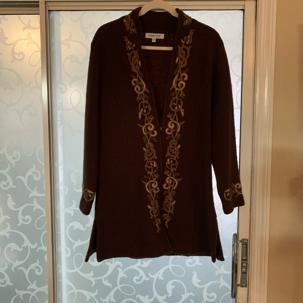 Coldwater Creek Rich Brown Knit 100% wool Sweater full zipper front.